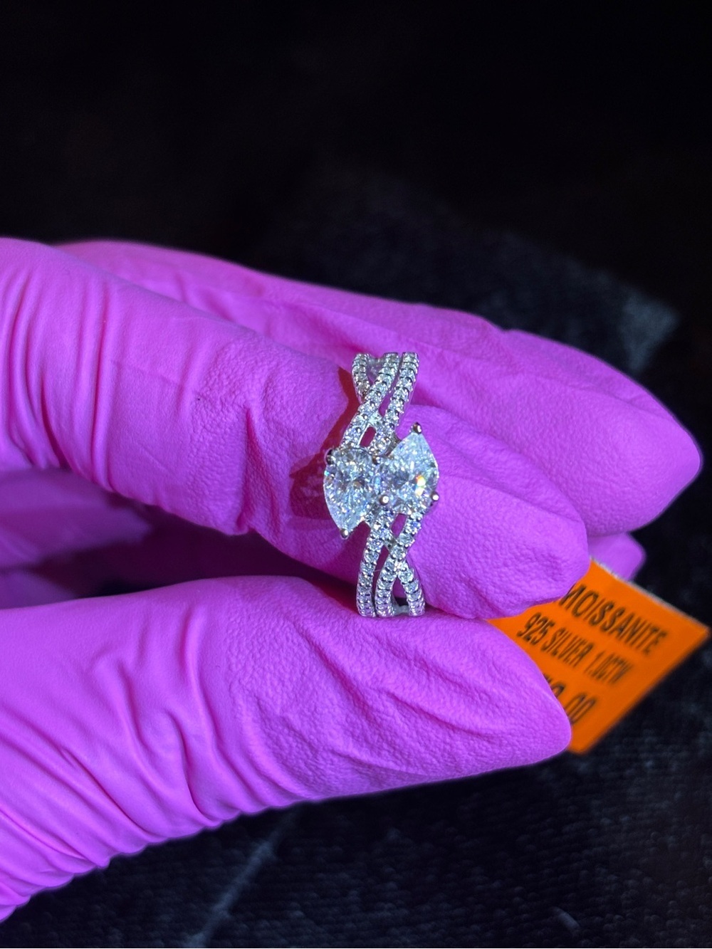 .925 Sterling Silver 1ct. VVS Moissanite Toi et Moi Style Pear-Cut Ring Size 6 - Picture 12 of 13